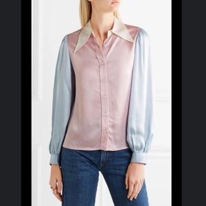 AlexaChung Pink Blue Pointed Collar Color Block Pastel Satin Shirt US 8